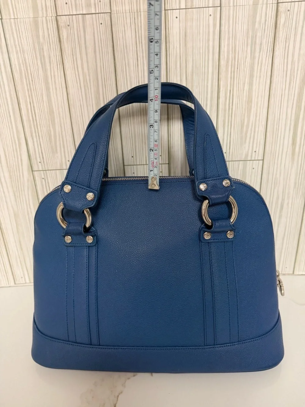MCM Blue Leather Satchel Bag Gold Hardware Structured Top Handle Purse Dome Bag